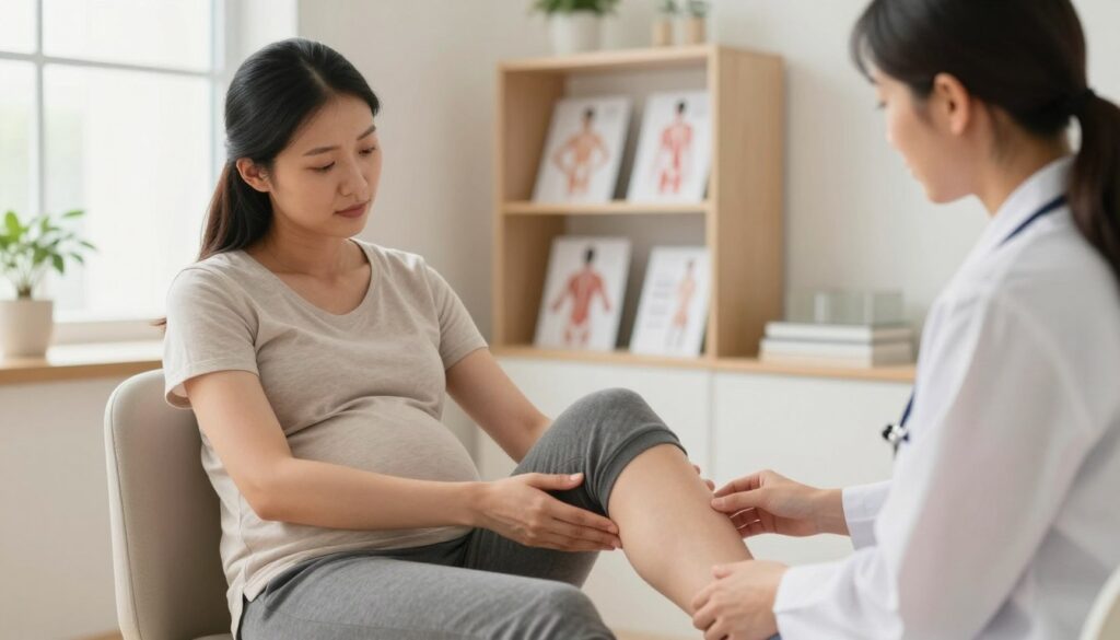 A calm and warm healthcare setting, featuring a pregnant woman in modest casual clothing, seated comfortably in a doctor's office. She appears thoughtful, gently rubbing her calf while engaging with a healthcare professional who is analyzing her symptoms. In the background, softly lit shelves display educational materials on pregnancy and muscle health. A reassuring atmosphere, filled with natural light coming from a window, highlighting the importance of well-being during the third trimester. The angle is slightly elevated, capturing both the woman and the healthcare professional in a supportive interaction. The overall mood is serene and informative, emphasizing care and understanding while addressing factors leading to leg cramps during pregnancy. A calm and warm healthcare setting, featuring a pregnant woman in modest casual clothing, seated comfortably in a doctor's office. She appears thoughtful, gently rubbing her calf while engaging with a healthcare professional who is analyzing her symptoms. In the background, softly lit shelves display educational materials on pregnancy and muscle health. A reassuring atmosphere, filled with natural light coming from a window, highlighting the importance of well-being during the third trimester. The angle is slightly elevated, capturing both the woman and the healthcare professional in a supportive interaction. The overall mood is serene and informative, emphasizing care and understanding while addressing factors leading to leg cramps during pregnancy.