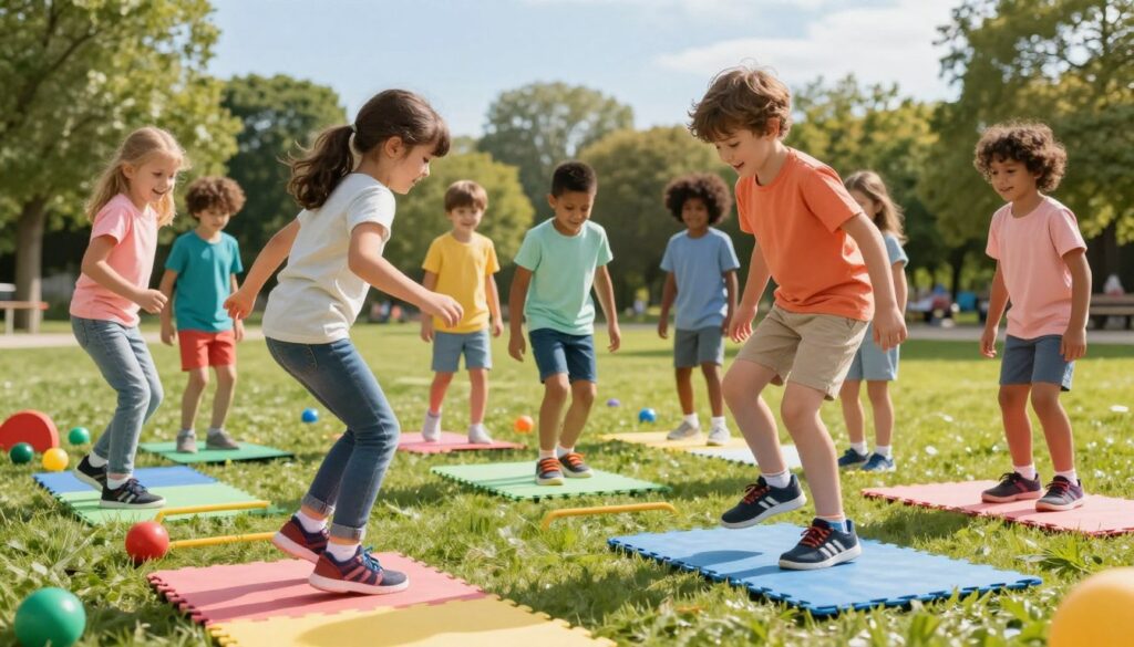 A cheerful scene illustrating children's flat feet (płaskostopie) solutions through playful exercises. In the foreground, a diverse group of children, aged 6-8, are joyfully engaged in fun activities that strengthen their feet, such as hopping on one foot and balancing on colorful foam mats. They wear brightly colored comfortable clothing with tennis shoes. The middle features a soft, grassy playground, scattered with vibrant toys and balance beams, enhancing the playful essence. In the background, a sunny park filled with trees and a clear blue sky evokes a warm atmosphere. Soft, natural lighting casts gentle shadows, creating an inviting and energetic mood. The angle captures the children's interactions from slightly above, emphasizing their enthusiasm and engagement in learning through play. A cheerful scene illustrating children's flat feet (płaskostopie) solutions through playful exercises. In the foreground, a diverse group of children, aged 6-8, are joyfully engaged in fun activities that strengthen their feet, such as hopping on one foot and balancing on colorful foam mats. They wear brightly colored comfortable clothing with tennis shoes. The middle features a soft, grassy playground, scattered with vibrant toys and balance beams, enhancing the playful essence. In the background, a sunny park filled with trees and a clear blue sky evokes a warm atmosphere. Soft, natural lighting casts gentle shadows, creating an inviting and energetic mood. The angle captures the children's interactions from slightly above, emphasizing their enthusiasm and engagement in learning through play.