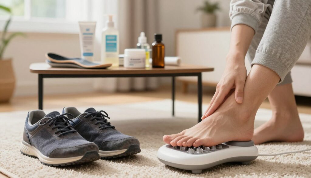 A clean and inviting home environment, focusing on the theme of foot pain prevention. In the foreground, a pair of well-worn but comfortable shoes and a foot massager sit on a soft rug, with a person's foot gently resting on the massager, wearing relaxed casual attire. In the middle ground, a table displaying a variety of foot care products, such as orthotic insoles, moisturizing cream, and a bottle of essential oils. The background features warm natural light filtering through a window, creating a cozy atmosphere. The overall mood is calm and informative, highlighting domestic remedies and foot care practices, with a soft focus depth of field to emphasize the foreground elements. A clean and inviting home environment, focusing on the theme of foot pain prevention. In the foreground, a pair of well-worn but comfortable shoes and a foot massager sit on a soft rug, with a person's foot gently resting on the massager, wearing relaxed casual attire. In the middle ground, a table displaying a variety of foot care products, such as orthotic insoles, moisturizing cream, and a bottle of essential oils. The background features warm natural light filtering through a window, creating a cozy atmosphere. The overall mood is calm and informative, highlighting domestic remedies and foot care practices, with a soft focus depth of field to emphasize the foreground elements.