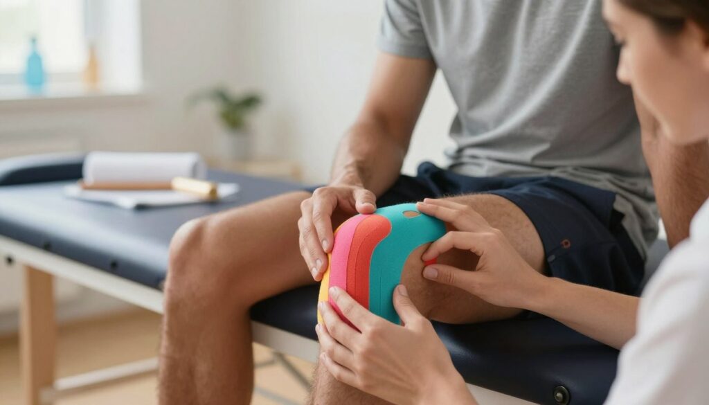A close-up image depicting the process of kinesiotaping on a knee. In the foreground, a hand applies colorful kinesiology tape to a knee joint, showcasing the correct positioning and technique. The middle ground features a well-groomed individual in modest athletic wear, sitting in a professionally equipped treatment room with a focused expression. Soft, natural lighting illuminates the knee and tape, creating a warm, inviting atmosphere. The background includes tools and materials related to physical therapy, subtly blurred for depth. The overall mood is informative and reassuring, emphasizing the importance of safety and proper technique in knee taping.