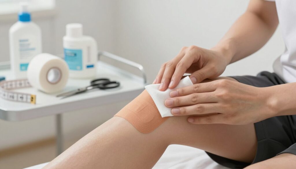 A close-up image focusing on a person's knee during the preparation phase for kinesiotaping. The foreground features the knee, showing the skin being cleaned with an alcohol wipe, emphasizing the careful preparation process. The middle ground includes a roll of kinesiology tape, scissors, and a measuring tape, highlighting the tools needed for application. The background is softly blurred, depicting a clinical setting with medical supplies on a table. The lighting is bright and clinical, casting soft shadows to create a professional atmosphere. The person is wearing modest, casual athletic attire, ensuring a focus on the knee preparation without any distractions. The overall mood is focused and educational, ideal for illustrating the topic.