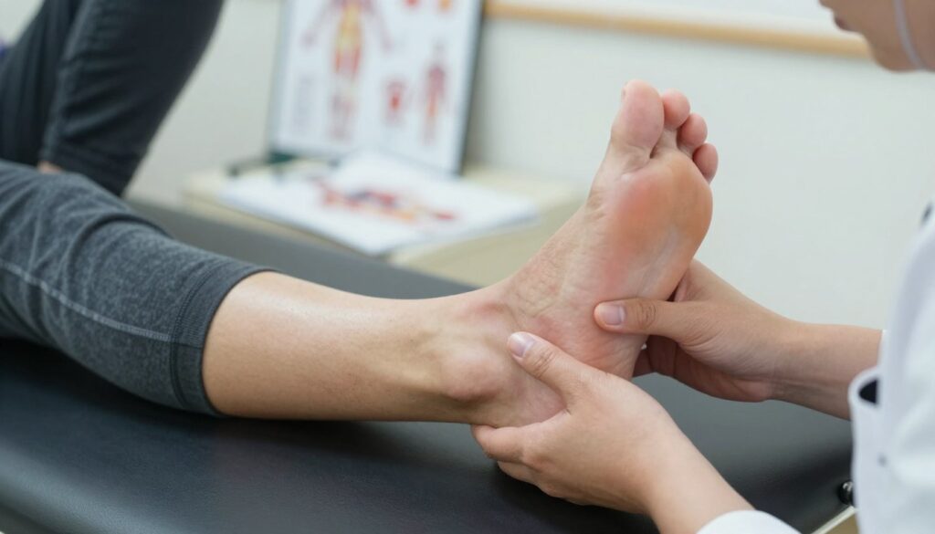 A close-up image of a foot showing signs of ligament pain, with emphasis on the ankle and surrounding areas. The foot is depicted in a professional context, with a person wearing modest athletic wear, seated on a clinic examination table. In the foreground, highlight swollen areas and potential bruising on the ankle. The middle layer includes a medical professional's hands gently assessing the foot, while anatomical charts and tools sit organized in the background, softly blurred for context. Use natural, soft lighting to create a clinical but compassionate atmosphere. The angle is focused from slightly above, ensuring clarity in depicting the signs of pain and injury without any distractions. A close-up image of a foot showing signs of ligament pain, with emphasis on the ankle and surrounding areas. The foot is depicted in a professional context, with a person wearing modest athletic wear, seated on a clinic examination table. In the foreground, highlight swollen areas and potential bruising on the ankle. The middle layer includes a medical professional's hands gently assessing the foot, while anatomical charts and tools sit organized in the background, softly blurred for context. Use natural, soft lighting to create a clinical but compassionate atmosphere. The angle is focused from slightly above, ensuring clarity in depicting the signs of pain and injury without any distractions.