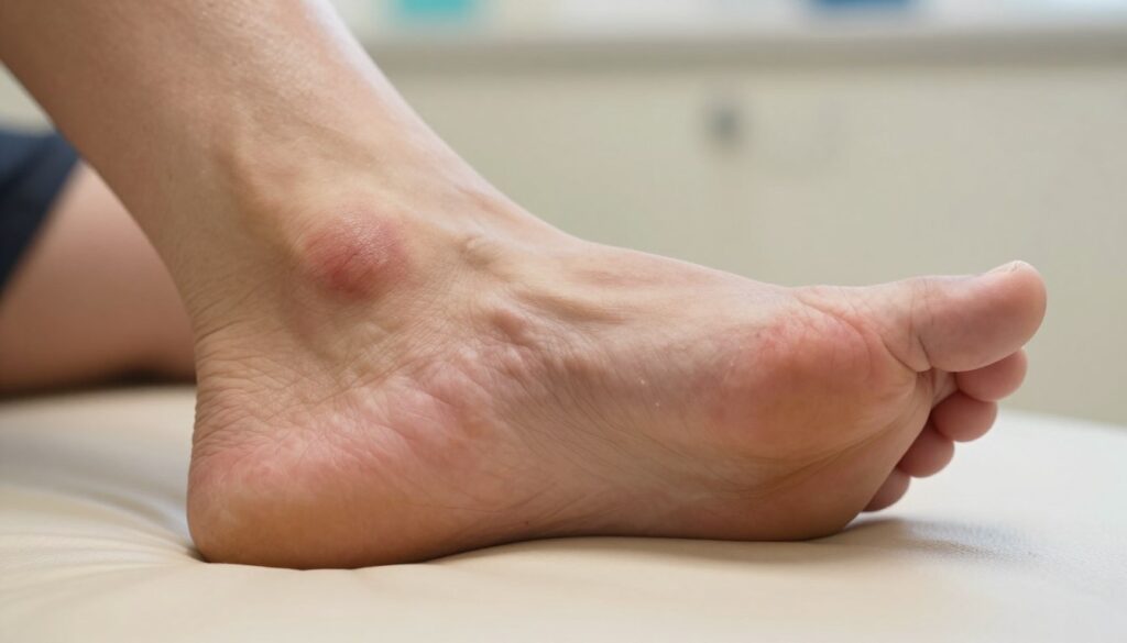 A close-up of a diabetic foot condition, specifically showcasing a diabetic ulcer on the bottom of the foot. The foreground features a foot with visible signs of swelling and discoloration, including red and inflamed areas around the ulcer. The middle ground shows the foot resting on a neutral-colored, soft medical examination surface, while the background is composed of a softly blurred clinical setting with gentle lighting. The mood is informative and clinical, aiming to educate viewers about diabetic foot concerns. Use warm, natural tones to accentuate the skin's texture and details, capturing the seriousness of the condition without being graphic. The angle should be slightly top-down to highlight the foot's condition.