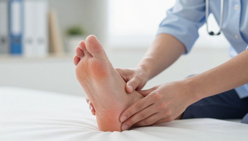 A close-up of a foot with visible swelling and redness around the Achilles tendon, showcasing signs of tendonitis. The scene is set in a bright, well-lit clinical environment, with a soft-focus background of a medical office. In the foreground, a healthcare professional, dressed in smart casual attire, is gently applying a cold compress to the affected area, demonstrating a common treatment for tendon inflammation. The lighting is bright yet soft, emphasizing the tenderness of the situation while conveying a hopeful atmosphere. The composition captures the essence of care and recovery, aimed at educating viewers about treatment methods for foot tendon issues. A close-up of a foot with visible swelling and redness around the Achilles tendon, showcasing signs of tendonitis. The scene is set in a bright, well-lit clinical environment, with a soft-focus background of a medical office. In the foreground, a healthcare professional, dressed in smart casual attire, is gently applying a cold compress to the affected area, demonstrating a common treatment for tendon inflammation. The lighting is bright yet soft, emphasizing the tenderness of the situation while conveying a hopeful atmosphere. The composition captures the essence of care and recovery, aimed at educating viewers about treatment methods for foot tendon issues.