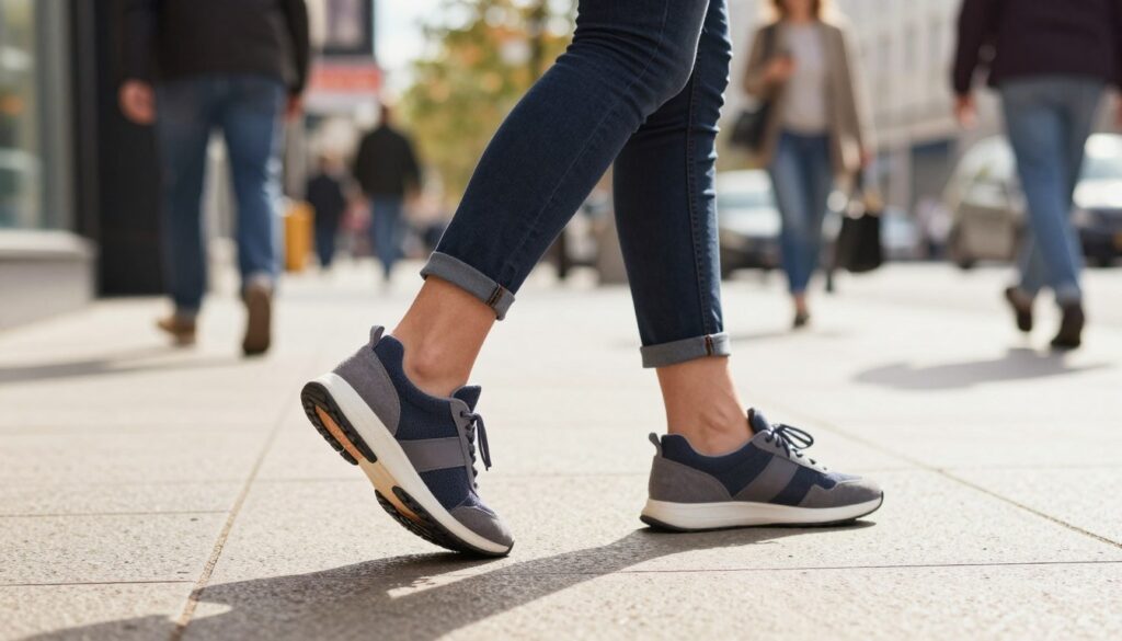 A close-up scene showcasing a person walking on a city sidewalk, focusing on their feet clad in sneakers with Scholl insoles visibly incorporated inside. The foreground features a detailed view of the shoe, highlighting how the insole supports the foot’s arch and heel during movement. In the middle ground, the person is casually dressed in professional attire, walking confidently, representing the target demographic for the Scholl insole. The background captures a vibrant urban environment with blurred pedestrians and storefronts, creating a lively atmosphere. Natural daylight filters through, casting soft shadows, adding warmth and realism to the image. The overall mood conveys comfort and confidence in everyday walking situations, illustrating the effectiveness of the Scholl insole.