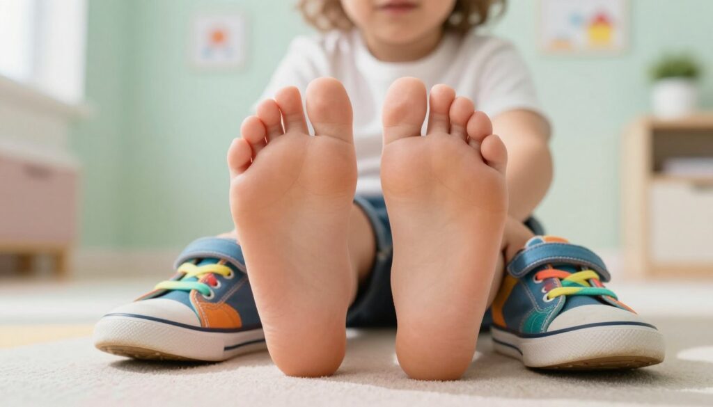 A close-up view of a child's feet showing flat feet, highlighting the arch-less soles and slight inward foot angle characteristic of “Płaskostopie koślawe.” The child, around 5-7 years old, is wearing colorful, modest sneakers with bright shoelaces, sitting on a soft mat in a well-lit pediatric clinic. In the background, there are soft pastels on the walls and child-friendly decorations, creating a warm and inviting atmosphere. The lighting is bright and natural, casting gentle shadows that emphasize the feet's details. The image captures a balanced perspective, focusing on the foot's alignment while conveying a sense of concern and care for children's health, inviting viewers to think about developmental norms.