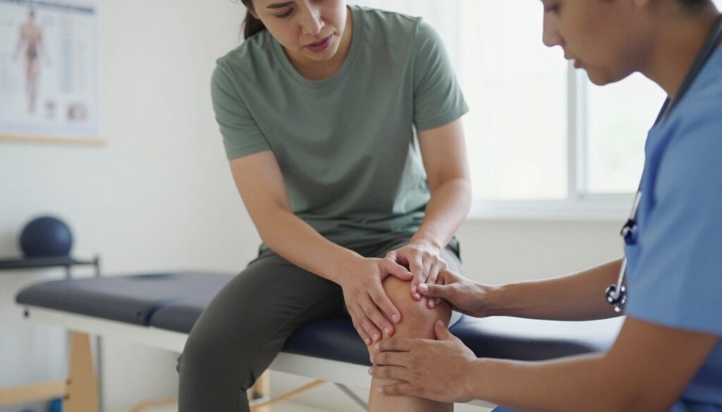 A close-up view of a healthcare professional examining a patient's knee in a clinical setting. The foreground features a focused, diverse physiotherapist in smart casual attire, demonstrating diagnostic techniques with their hands gently pressing along the side of the knee. In the middle ground, a patient, dressed in modest athletic wear, is seated and displaying a mild expression of concern while actively engaging in a dialogue about their knee pain. The background depicts a well-lit physiotherapy room with medical charts and rehabilitation equipment, creating a professional and reassuring atmosphere. Soft natural light streams in from a window, illuminating the scene, capturing a sense of hope and recovery. The angle is slightly elevated, showcasing the interaction and the importance of appropriate diagnosis in knee overuse treatment.