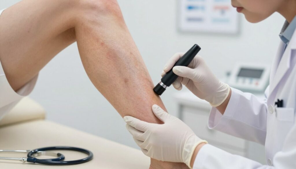 A close-up view of a healthcare professional examining skin conditions on a patient's lower legs, focusing on the calves. The medical specialist, wearing a white lab coat and gloves, is inspecting the skin closely with a dermatoscope in hand. The patient's legs are lightly illuminated, showcasing various skin changes like rashes and discolorations. The background displays a well-lit, clinical setting with medical charts on the wall and equipment such as a stethoscope and examination tools in soft focus. The atmosphere is professional and reassuring, evoking a sense of care and attention to detail. The lighting is bright but warm, enhancing the clarity of skin textures while maintaining a sterile look.