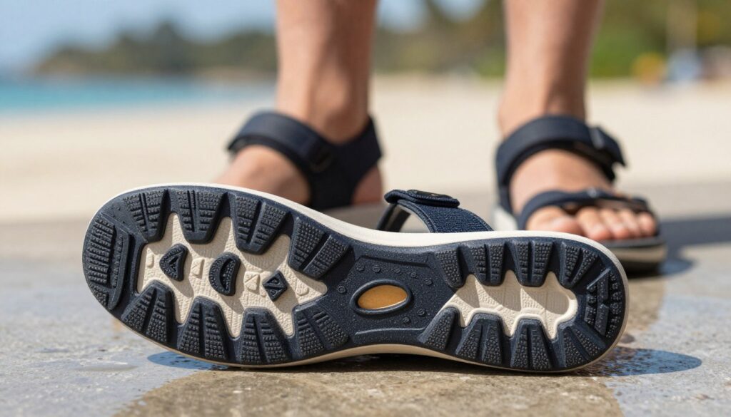 A close-up view of a high-quality, anti-slip shoe sole designed for maximum grip on various surfaces. The foreground features a textured rubber sole with deep grooves and patterns, highlighting its slip-resistant properties. In the middle ground, a pair of sandals sits on a smooth, wet surface, demonstrating its effectiveness against slipping. The background is softly blurred, showcasing a natural outdoor setting, possibly a patio or a beach, under bright, sunny conditions to enhance the visibility of the sole's design. The angle is slightly tilted to capture both the sole's details and the surrounding environment, emphasizing safety and comfort. The overall atmosphere is vibrant and reassuring, conveying security while walking on different surfaces. A close-up view of a high-quality, anti-slip shoe sole designed for maximum grip on various surfaces. The foreground features a textured rubber sole with deep grooves and patterns, highlighting its slip-resistant properties. In the middle ground, a pair of sandals sits on a smooth, wet surface, demonstrating its effectiveness against slipping. The background is softly blurred, showcasing a natural outdoor setting, possibly a patio or a beach, under bright, sunny conditions to enhance the visibility of the sole's design. The angle is slightly tilted to capture both the sole's details and the surrounding environment, emphasizing safety and comfort. The overall atmosphere is vibrant and reassuring, conveying security while walking on different surfaces.