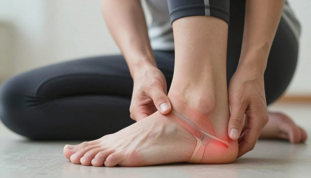 A close-up view of a human ankle highlighting the Achilles tendon area, showcasing signs of thickening and swelling indicative of Achilles tendonopathy. The foreground features a detailed anatomical illustration of the Achilles tendon with emphasis on the surrounding tissues, displaying redness and inflammation. The middle ground includes an unobtrusive, professional figure wearing appropriate athletic clothing, demonstrating a gentle stretch to highlight the anatomy of the area. The background is softly blurred, with neutral tones to keep the focus on the tendon while evoking a medical atmosphere. The lighting is soft and natural, emphasizing the contours of the ankle and tendon, creating an informative yet calm mood suitable for educational purposes. A close-up view of a human ankle highlighting the Achilles tendon area, showcasing signs of thickening and swelling indicative of Achilles tendonopathy. The foreground features a detailed anatomical illustration of the Achilles tendon with emphasis on the surrounding tissues, displaying redness and inflammation. The middle ground includes an unobtrusive, professional figure wearing appropriate athletic clothing, demonstrating a gentle stretch to highlight the anatomy of the area. The background is softly blurred, with neutral tones to keep the focus on the tendon while evoking a medical atmosphere. The lighting is soft and natural, emphasizing the contours of the ankle and tendon, creating an informative yet calm mood suitable for educational purposes.