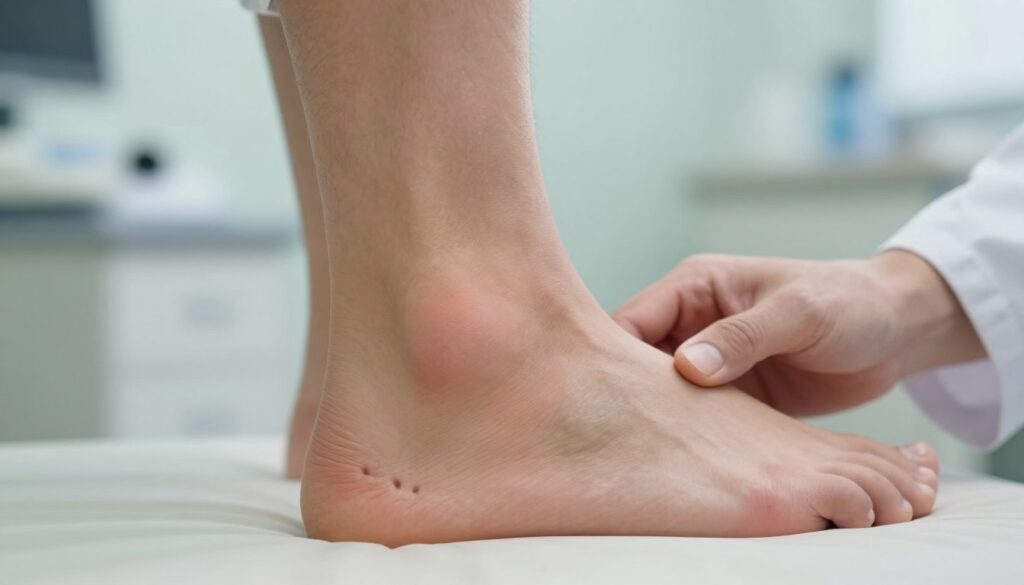 A close-up view of a human foot in a medical setting, showcasing the symptoms of tendon inflammation. The focus should be on a foot with noticeable swelling around the tendons, displayed in a professional manner, possibly wearing a sock or a medical boot in muted colors. The background should be a softly lit clinical environment, with blurred medical equipment and a subtle focus on a physician's hand gently examining the foot. Use natural lighting to emphasize the skin texture and signs of inflammation. Aim for a calm and informative atmosphere, reflecting the importance of recognizing these symptoms without distraction, while avoiding any text or visual clutter.