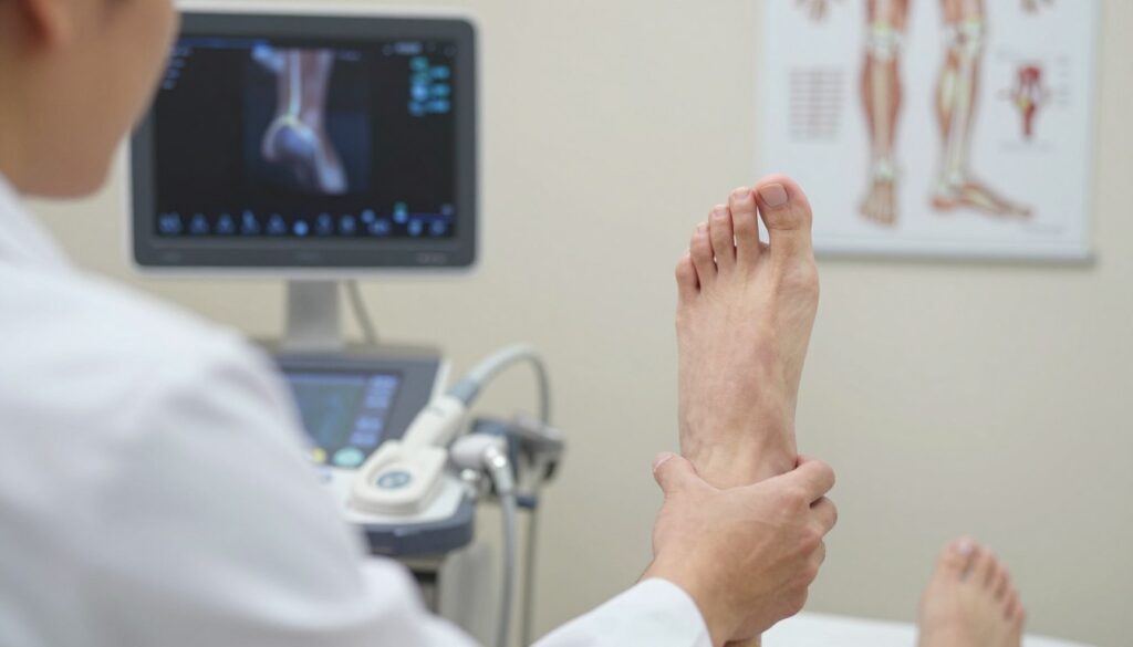 A close-up view of a medical professional examining a patient's foot, focusing on the tendons of the ankle and arch. The doctor, dressed in a white lab coat, uses a diagnostic ultrasound device, showing detailed images of the tendons on a screen nearby. The background features a clinical setting with medical charts and anatomical posters of the foot and ankle anatomy. Soft, neutral lighting highlights the interaction while creating a calm atmosphere. The angle captures both the medical tools and the careful examination of the foot, emphasizing the importance of proper diagnostics for diagnosing tendon inflammation and injuries. The overall mood is professional and informative.