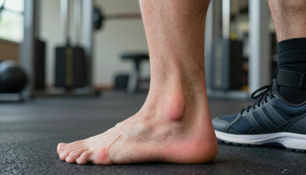 A close-up view of a person's ankle and heel area, emphasizing the Achilles tendon. The skin shows subtle signs of inflammation with slight redness and swelling around the tendon, illustrating common symptoms of Achilles tendinitis. The subject is wearing professional athletic shoes and ankle wraps, suggesting a focus on recovery. The lighting is soft and natural, highlighting the details on the skin and tendon without harsh shadows. In the background, a blurred gym setting with exercise equipment subtly conveys an active lifestyle. The overall mood is serious yet hopeful, emphasizing the importance of recognizing these symptoms for early intervention.