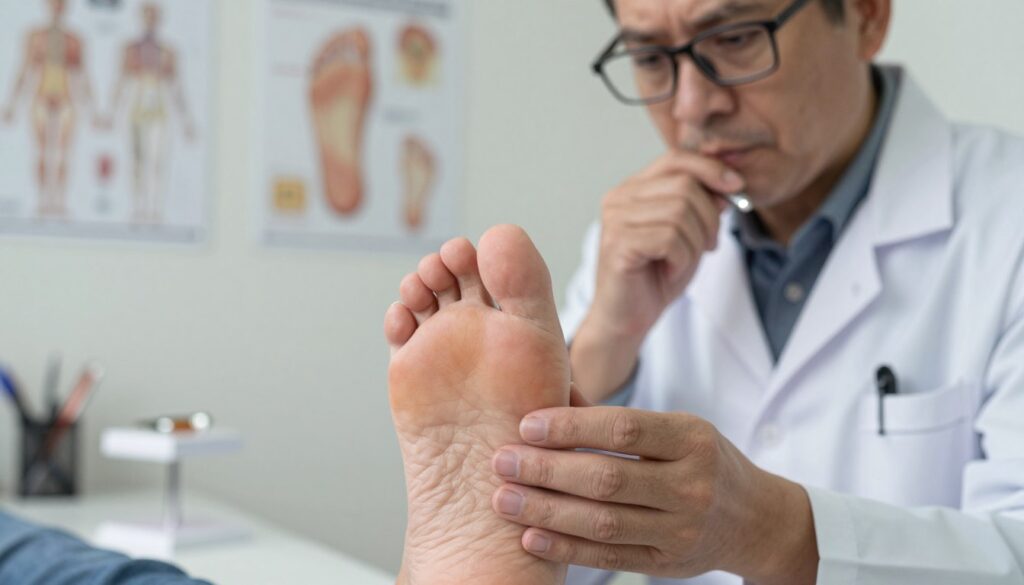 A close-up view of a person's foot, focusing on a painful, hardened callus on the toe, surrounded by a concerned-looking healthcare professional in a white coat examining the foot gently. The professional, depicted as a middle-aged individual with a thoughtful expression, wears glasses and uses a handheld light for inspection. In the background, a well-organized podiatry clinic setting is visible, with medical charts and tools like a foot model and anatomical posters. Soft, natural lighting illuminates the scene, creating a calm and professional atmosphere, emphasizing the importance of seeking medical advice. The angle captures both the foot and the attentive care of the specialist, highlighting the theme of when to consult a doctor for foot concerns.