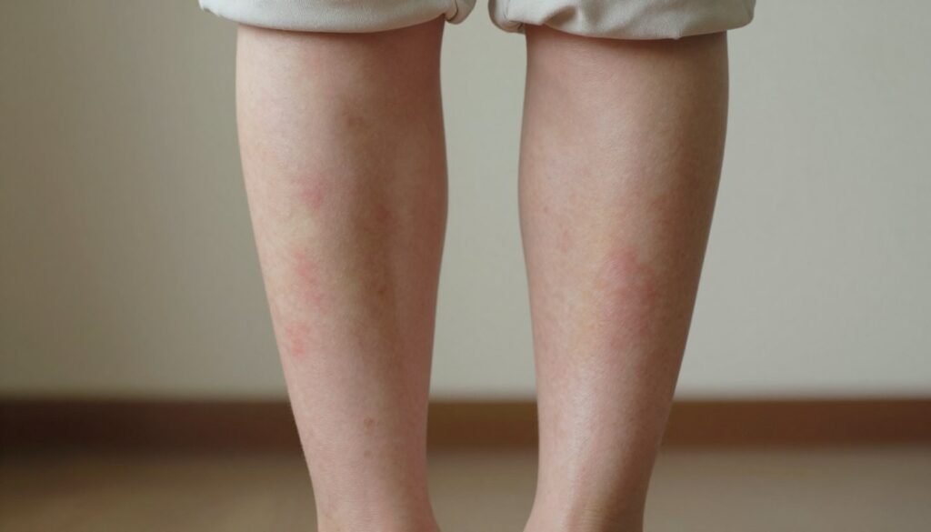 A close-up view of a person's lower legs, focusing on the calves, depicting various skin conditions causing rashes. The skin shows a range of textures and colors, indicating irritation, redness, and different types of rashes, with some areas exhibiting dry patches and small bumps. The person is wearing modest casual clothing, such as light-colored pants that stop just above the ankle. The background is softly blurred, consisting of a neutral-toned wall to keep the focus on the skin. Soft, natural lighting highlights the details of the skin while creating a calm, clinical atmosphere. The angle is eye-level, allowing for an intimate yet professional look at the subject matter.