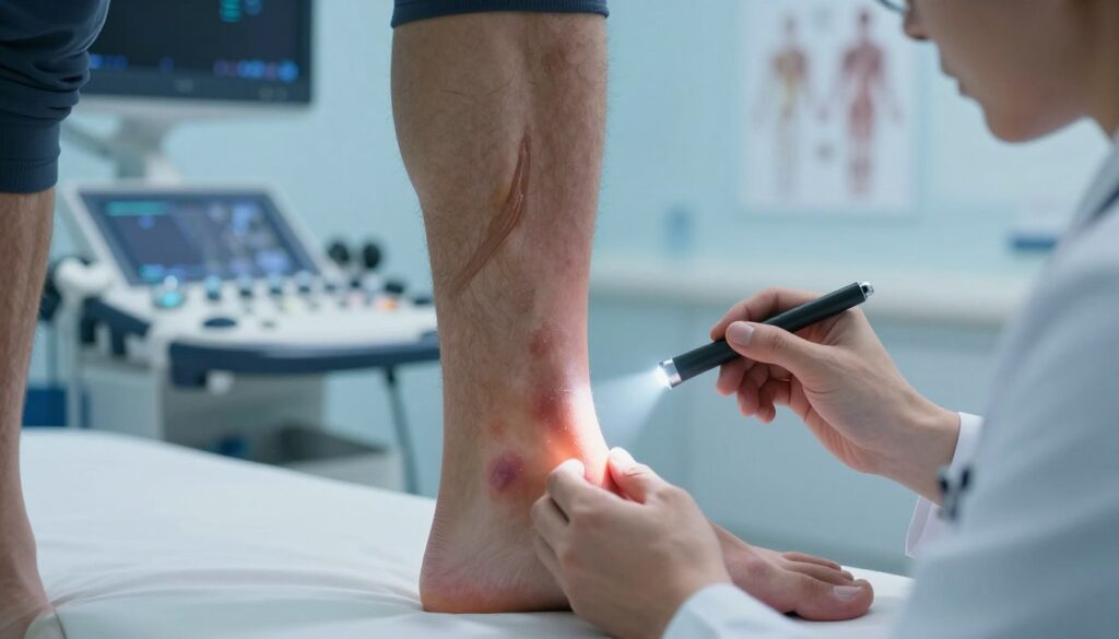 A close-up view of a professional athlete's ankle, focusing on the Achilles tendon area, showing signs of strain and injury. The athlete is wearing a modest athletic outfit, with the ankle slightly swollen and bruised, illustrating potential rupture. In the foreground, a medical professional examines the ankle, using a penlight to assess the injury, highlighting the seriousness of the condition. The middle ground features medical equipment such as an ultrasound machine and anatomical diagrams, emphasizing a clinical environment. The background is softly blurred, creating a sterile examination room atmosphere with cool, blue lighting that conveys a sense of urgency and professionalism. The mood is serious and informative, reflecting the importance of understanding Achilles tendon injuries.