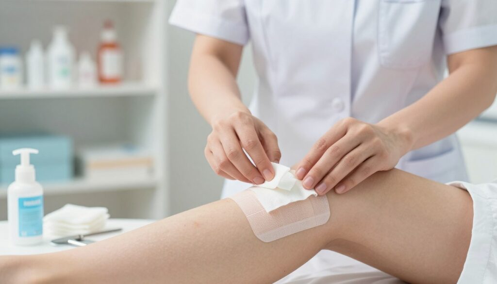 A close-up view of a professional nurse providing first aid to a diabetic wound on a lower leg, focusing on a gently bandaged area on the calf. The foreground shows the nurse's hands delicately applying antiseptic, surrounded by medical tools like gauze and antiseptic wipes. The nurse is dressed in a clean, modest uniform. In the background, softly blurred shelves with medical supplies create a clinical atmosphere, illuminated by soft, natural lighting. The composition should evoke a sense of care and urgency, capturing the importance of immediate attention to diabetic wounds. Use a shallow depth of field to highlight the interaction while maintaining a clean, professional aesthetic.