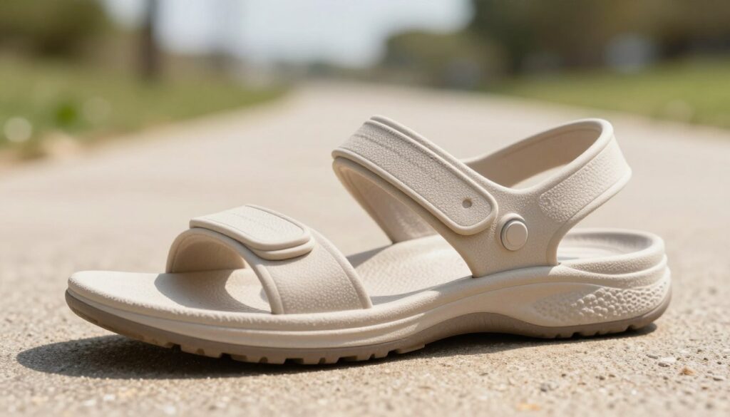 A close-up view of a sturdy and supportive sandal sole, designed for stability, with a textured surface and pronounced arch support. The foreground features the sandal with clear details of its ergonomic design, emphasizing its cushioned footbed and reinforced heel. In the middle, a slightly blurred background showcases a soft, natural setting like a beach or park pathway, evoking a sense of relaxation and comfort. The lighting is bright and natural, casting soft shadows that highlight the contours of the sandal. The angle is slightly elevated, focusing on the sole while giving a glimpse of the surroundings. The overall mood of the image is serene and supportive, making it clear that this footwear choice promotes well-being for those with flat feet. A close-up view of a sturdy and supportive sandal sole, designed for stability, with a textured surface and pronounced arch support. The foreground features the sandal with clear details of its ergonomic design, emphasizing its cushioned footbed and reinforced heel. In the middle, a slightly blurred background showcases a soft, natural setting like a beach or park pathway, evoking a sense of relaxation and comfort. The lighting is bright and natural, casting soft shadows that highlight the contours of the sandal. The angle is slightly elevated, focusing on the sole while giving a glimpse of the surroundings. The overall mood of the image is serene and supportive, making it clear that this footwear choice promotes well-being for those with flat feet.
