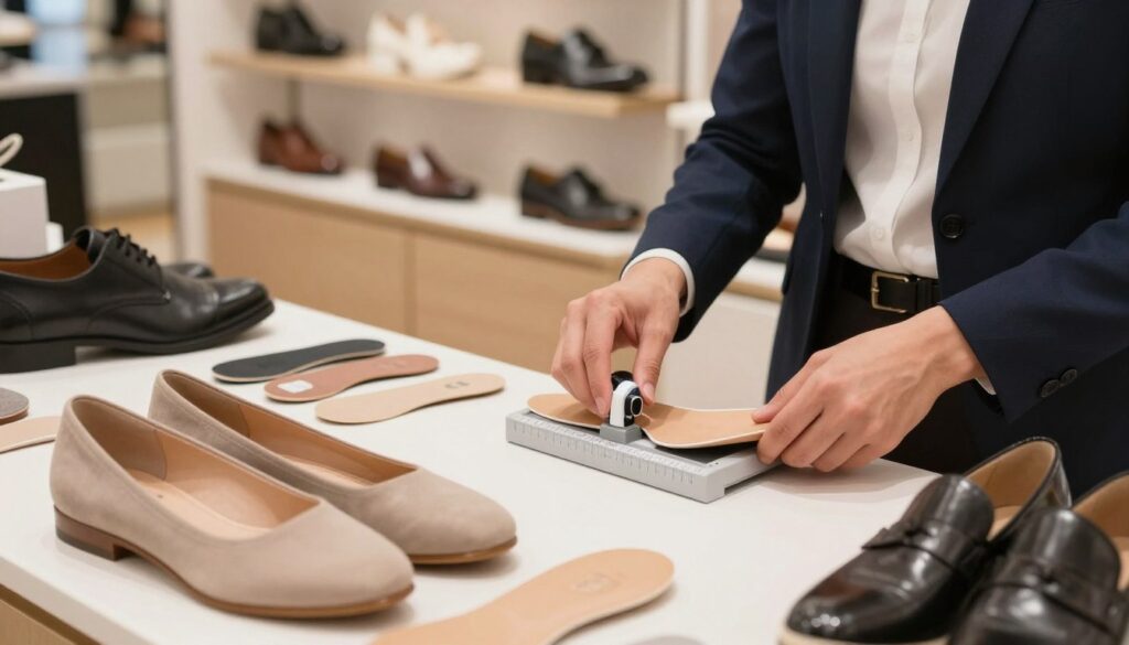 A close-up view of a well-organized shoe fitting station. In the foreground, a pair of stylish yet neutral shoes is placed on a clean surface, showcasing various insoles, including a Scholl insert designed for flatfoot support. In the middle, a measuring device resembling a foot gauge is being used by a knowledgeable professional, dressed in smart casual clothing, demonstrating how to measure and select the right insole size. The background features a softly lit, inviting environment of a shoe retail store, with shelves displaying various types of shoes and insoles. The atmosphere is warm and informative, with a focus on comfort and proper fit. The lighting is bright but diffused, highlighting the shoes and tools without harsh shadows.