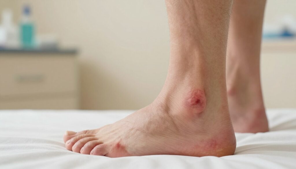 A close-up view of diabetic wounds on the lower legs and feet, showcasing the common causes of these injuries. The foreground features a well-groomed foot and ankle in a simple, modest sock, revealing red areas on the skin indicating potential wounds. In the middle ground, a slightly wider shot captures the lower leg with subtle details of the skin texture and signs of poor circulation. The background softly blurred emphasizes a clinical environment, with a warm, diffused light creating an empathetic and informative atmosphere. The angle of the shot is slightly elevated, providing a clear view of both the affected areas and the surrounding context. The mood is serious yet educational, aimed at raising awareness of diabetic wounds.
