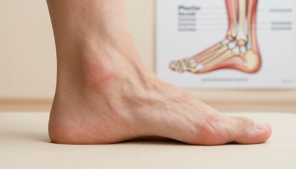 A close-up view of the underside of a human foot, highlighting key areas where pain commonly occurs, such as the arch, heel, and balls of the feet. The foot should be placed on a soft, textured surface that resembles a therapy mat for contrast. In the background, an anatomical chart depicting the foot's anatomy and common conditions like plantar fasciitis, heel spurs, and bone spurs is subtly visible. The lighting is soft and warm, creating an inviting atmosphere while ensuring clarity. The image is taken from a slightly elevated angle, focusing on the foot, with a shallow depth of field that softly blurs the background. The overall mood is educational yet comforting, aimed at conveying information on foot pain causes in a professional context. A close-up view of the underside of a human foot, highlighting key areas where pain commonly occurs, such as the arch, heel, and balls of the feet. The foot should be placed on a soft, textured surface that resembles a therapy mat for contrast. In the background, an anatomical chart depicting the foot's anatomy and common conditions like plantar fasciitis, heel spurs, and bone spurs is subtly visible. The lighting is soft and warm, creating an inviting atmosphere while ensuring clarity. The image is taken from a slightly elevated angle, focusing on the foot, with a shallow depth of field that softly blurs the background. The overall mood is educational yet comforting, aimed at conveying information on foot pain causes in a professional context.