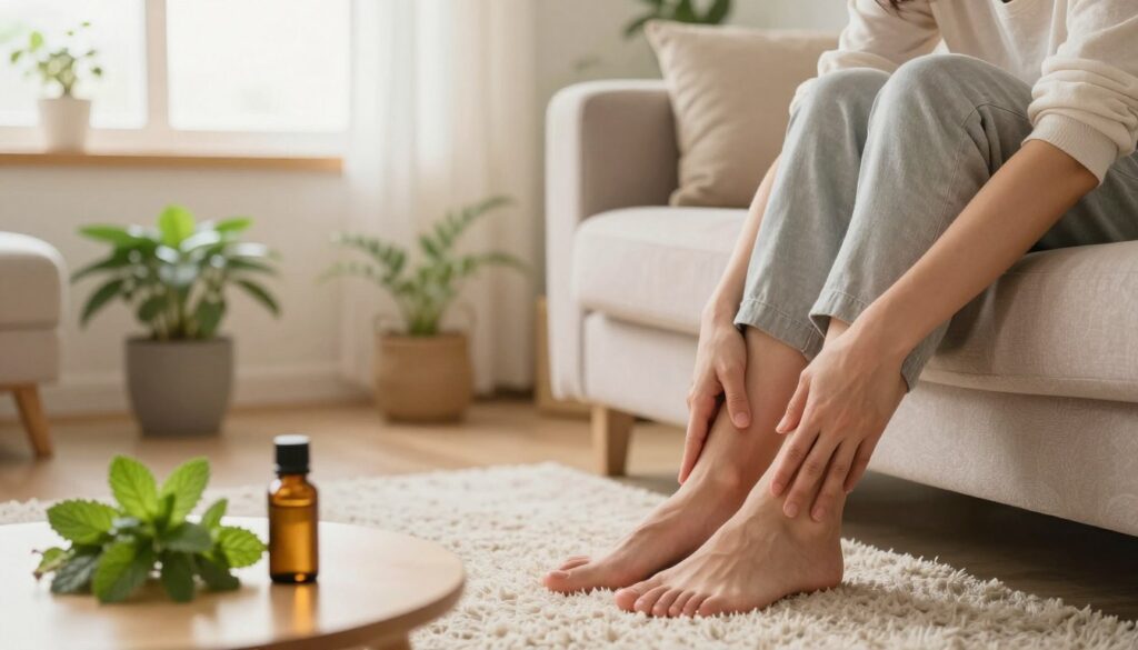 A cozy home setting featuring a person sitting on a stylish couch, gently massaging their foot with a calming expression. In the foreground, a small table with herbal remedies and natural oils, like peppermint and eucalyptus, is visible. Soft, warm lighting creates an inviting atmosphere. In the middle, a plush rug adds comfort, while a few potted plants bring a fresh touch to the scene. In the background, a window allows soft sunlight to filter in, enhancing the tranquil mood. The individual is dressed in modest, casual attire, conveying relaxation and self-care. The overall composition evokes a sense of warmth, healing, and the essence of homemade remedies for foot pain relief.