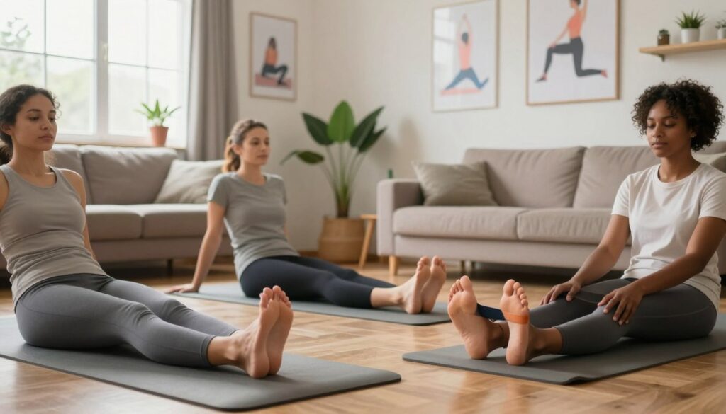 A cozy living room setting designed for home exercises focusing on flat feet. In the foreground, a diverse group of three people, dressed in comfortable, modest workout attire, perform various foot strengthening exercises on yoga mats. One person balances on one leg, another stretches their feet with a resistance band, while the third practices toe curls. In the middle ground, a well-lit room features inspirational fitness posters on the walls, a large window letting in natural light, and healthy plants enhancing the atmosphere. The background is softly blurred, highlighting the warmth and motivation of the space, creating an inviting and focused ambiance, perfect for exercising at home.