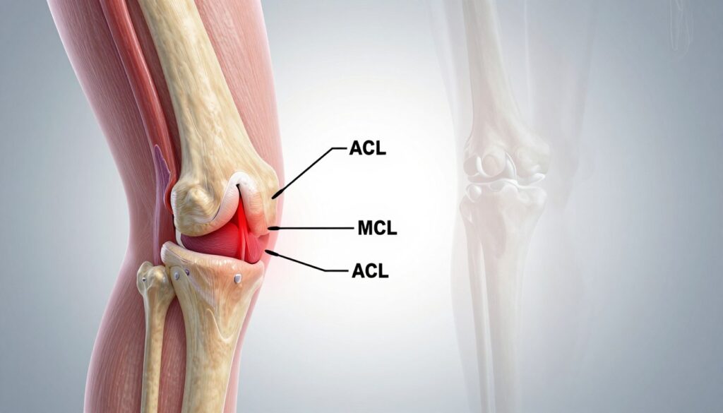 A detailed anatomical illustration depicting damaged structures within the knee joint. In the foreground, focus on a close-up view of torn ligaments and cartilage, with clear labels indicating the ACL, MCL, and meniscus, highlighted in red to signify injury. In the middle ground, show a faint outline of a human knee in a neutral position, anatomically positioned to display the joint's complexity. The background should include a soft, gradient light emphasizing the knee anatomy, simulating a clinical setting. Use an overhead angle to provide a comprehensive view of the joint and its components. The mood conveys a sense of medical investigation and clarity, with detailed textures and colors to enhance the educational aspect of the image.