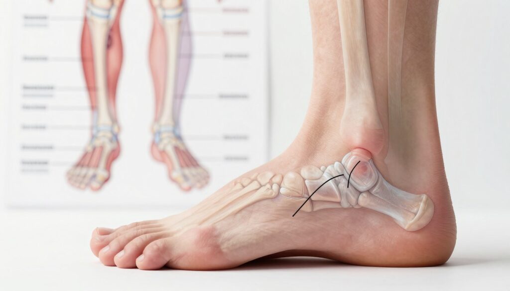 A detailed anatomical illustration of a foot, focusing on the outer side, showcasing a midfoot fracture (złamania śródstopia po zewnętrznej stronie). The foreground prominently features a close-up view of the foot, with clear markings indicating the fracture site and surrounding soft tissue. In the middle ground, a subtle contrast between healthy and injured bones can be illustrated, using a transparent overlay to show internal details. The background consists of a soft-focus anatomy chart, enhancing the educational aspect of the image. The lighting should be bright and clinical, simulating an examination room, with a slight vignette to draw attention to the foot. The overall atmosphere feels informative and professional, suitable for a medical article.