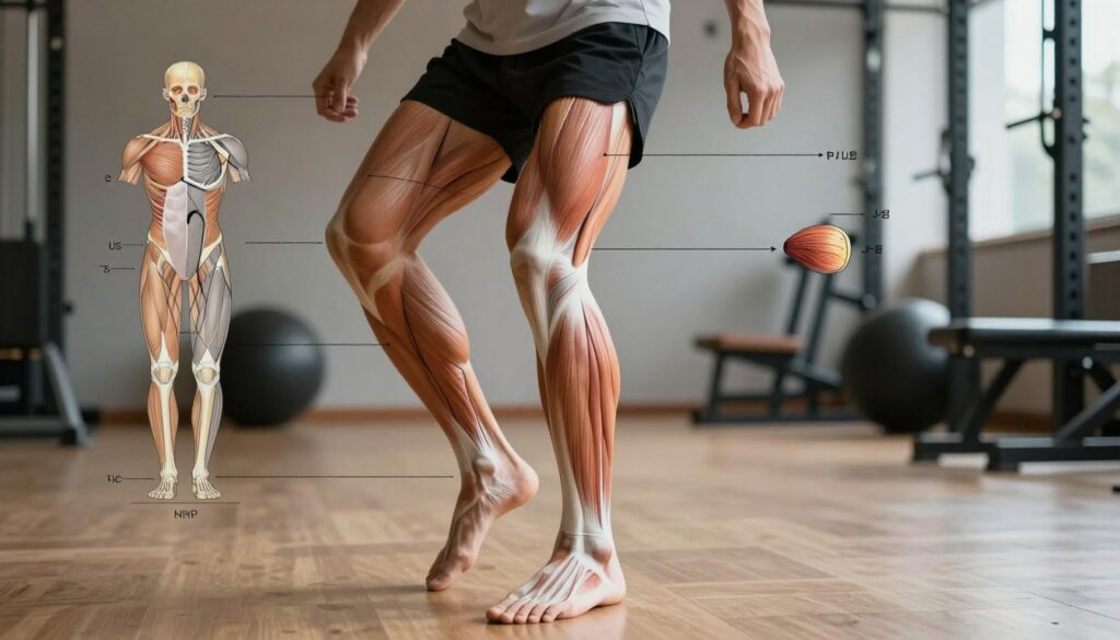 A detailed anatomical illustration showcasing the functions of the triceps surae muscle during movement. In the foreground, depict a dynamic, athletic individual in modest athletic wear engaging in a calf raise exercise. Emphasize the muscle fibers of the triceps surae, highlighting their contraction and extension. In the middle ground, include labeled diagrams of the muscle structure and connection points, clearly demonstrating the anatomy. The background should be a neutral gym environment, softly lit to create a focused atmosphere. Use a slight downward angle to capture the athlete's full body and emphasize the calf muscles in action. The overall mood should convey energy and strength, drawing attention to the importance of these muscles in physical movement. A detailed anatomical illustration showcasing the functions of the triceps surae muscle during movement. In the foreground, depict a dynamic, athletic individual in modest athletic wear engaging in a calf raise exercise. Emphasize the muscle fibers of the triceps surae, highlighting their contraction and extension. In the middle ground, include labeled diagrams of the muscle structure and connection points, clearly demonstrating the anatomy. The background should be a neutral gym environment, softly lit to create a focused atmosphere. Use a slight downward angle to capture the athlete's full body and emphasize the calf muscles in action. The overall mood should convey energy and strength, drawing attention to the importance of these muscles in physical movement.