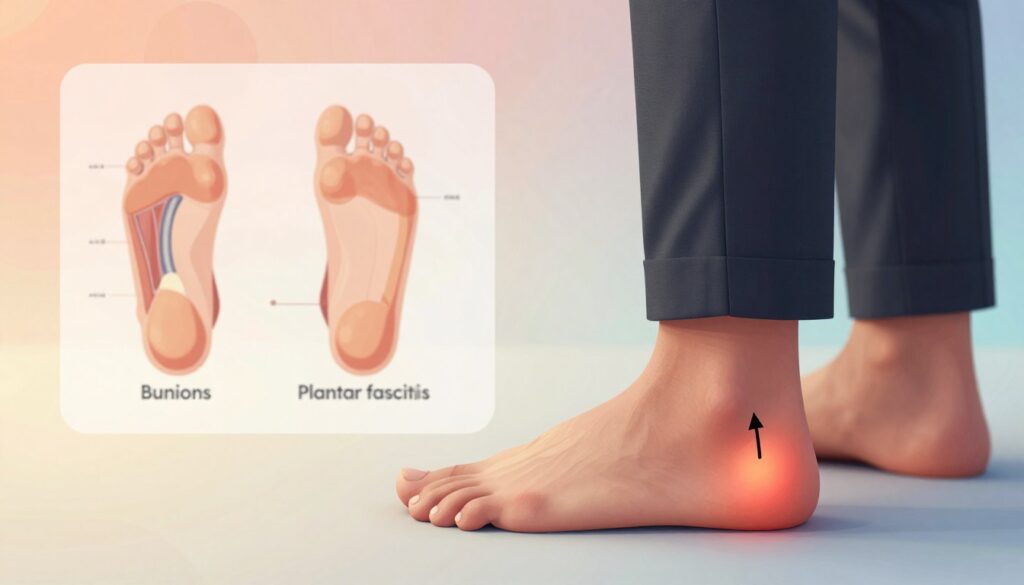A detailed and informative illustration depicting the common causes of pain in the front of the foot. The foreground features a close-up of a human foot in professional business attire, showing signs of discomfort around the toes and ball of the foot, highlighted with arrows indicating common pressure points. In the middle ground, a chart-like representation showcases labeled images of common foot conditions, such as bunions and plantar fasciitis, with visual representations of anatomy. The background is a soft gradient of soothing colors to evoke a sense of calm, with abstract shapes suggesting medical themes. The lighting is warm and inviting, emphasizing the anatomical details while maintaining a professional appearance. The composition should be clear, educational, and engaging without any text or distractions.