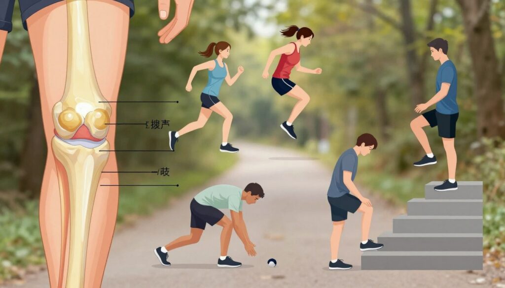 A detailed and informative illustration showing the most common causes of knee overuse injuries. In the foreground, display a close-up of a knee joint with visible anatomical labels pointing to specific areas like ligaments, cartilage, and tendons. In the middle ground, depict a range of activities that contribute to knee strain, such as running, jumping, and climbing stairs, featuring individuals in professional sports attire and modest casual clothing demonstrating correct and incorrect postures. The background should be a soft-focus gym or a nature trail environment, creating a relatable context for active lifestyles. Use soft, natural lighting to enhance the anatomy and activities, capturing an educational yet engaging mood that conveys the importance of awareness regarding knee health.