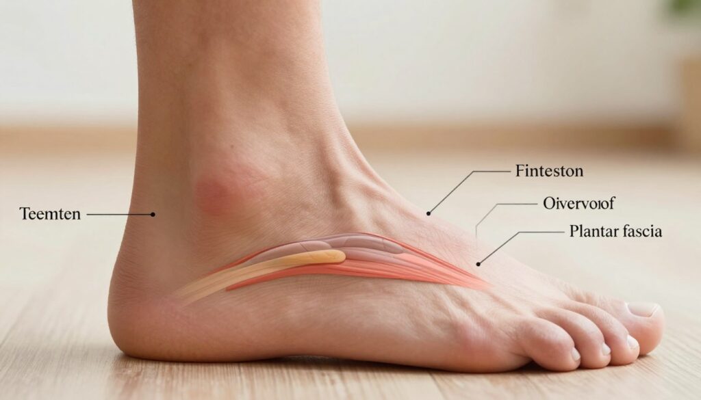 A detailed close-up of a human foot, showcasing the anatomy related to tendon pain. The foreground features a clear view of the foot with highlighted areas indicating common sources of tendon pain, such as the Achilles tendon and plantar fascia. The middle layer includes anatomical labels and illustrations of inflammation and overload, depicted in subtle colors for clarity. The background is softly blurred to emphasize the foot, with a warm, clinical lighting to create an informative yet calm atmosphere. The entire composition should have a professional look, suitable for a medical article, ensuring the depiction of the foot is modest and appropriate with no visible injuries or distress. A detailed close-up of a human foot, showcasing the anatomy related to tendon pain. The foreground features a clear view of the foot with highlighted areas indicating common sources of tendon pain, such as the Achilles tendon and plantar fascia. The middle layer includes anatomical labels and illustrations of inflammation and overload, depicted in subtle colors for clarity. The background is softly blurred to emphasize the foot, with a warm, clinical lighting to create an informative yet calm atmosphere. The entire composition should have a professional look, suitable for a medical article, ensuring the depiction of the foot is modest and appropriate with no visible injuries or distress.