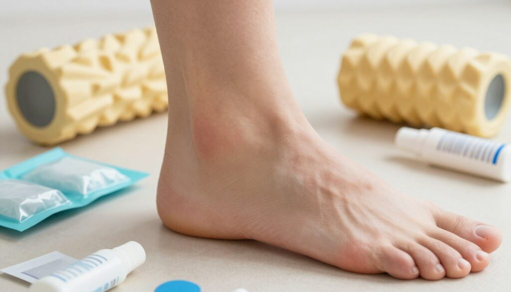 A detailed close-up of a human foot, specifically focusing on the outer edge where the metatarsal bones are located, showing signs of discomfort. The foot is positioned in a way that highlights the external side, with gentle pressure applied to areas of tenderness. Surrounding the foot are various tools used for pain relief, such as ice packs, foam rollers, and therapeutic ointments, neatly arranged on a light-colored background. The lighting is soft and natural, creating a calm atmosphere, and the angle is slightly tilted to capture the foot's contours. Overall, the image conveys a sense of healing and relief, suitable for an informative health article.