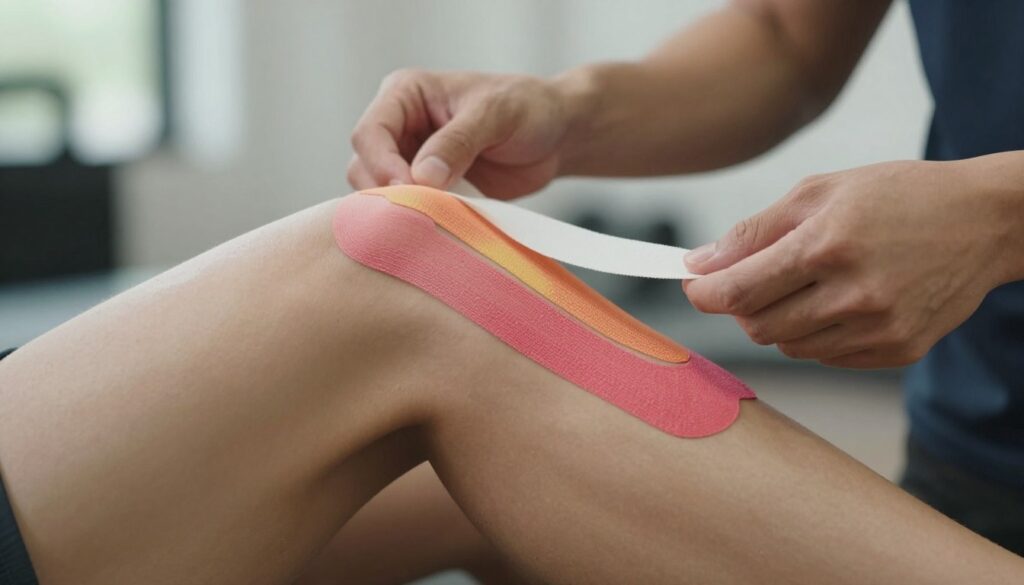 A detailed, close-up view of a professional, athletic individual preparing to apply kinesiology tape to their calf. In the foreground, focus on the smooth skin of the calf, where the tape is being unrolled, showcasing vibrant colors of the tape against the skin. The middle ground features the individual’s hands, gently holding the tape while ensuring it's aligned correctly. Create an atmosphere of concentration and professionalism, with soft, diffused natural lighting that highlights the skin texture and the tape's details. The background should have a blurred gym setting with subtle hints of exercise equipment, reinforcing the context of athletic preparation. Use a slight angle to provide depth, making the scene feel immersive and engaging. A detailed, close-up view of a professional, athletic individual preparing to apply kinesiology tape to their calf. In the foreground, focus on the smooth skin of the calf, where the tape is being unrolled, showcasing vibrant colors of the tape against the skin. The middle ground features the individual’s hands, gently holding the tape while ensuring it's aligned correctly. Create an atmosphere of concentration and professionalism, with soft, diffused natural lighting that highlights the skin texture and the tape's details. The background should have a blurred gym setting with subtle hints of exercise equipment, reinforcing the context of athletic preparation. Use a slight angle to provide depth, making the scene feel immersive and engaging.