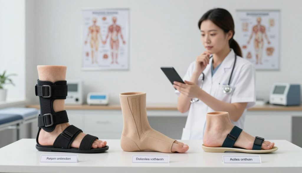 A detailed display of various types of ankle and foot orthoses designed for Achilles tendon support, arranged across a clean, bright medical examination room. In the foreground, showcase three distinct orthotic devices: a rigid Achilles brace, a soft-shell ankle support, and an adjustable foot orthotic, each highlighted with clear labels. In the middle ground, include a healthcare professional in professional attire, examining the orthoses with a thoughtful expression, suggesting a clinical and informative atmosphere. The background should feature a soft-focus wall with anatomical posters and medical equipment, illuminated by soft overhead lighting to create a calm, professional setting. A detailed display of various types of ankle and foot orthoses designed for Achilles tendon support, arranged across a clean, bright medical examination room. In the foreground, showcase three distinct orthotic devices: a rigid Achilles brace, a soft-shell ankle support, and an adjustable foot orthotic, each highlighted with clear labels. In the middle ground, include a healthcare professional in professional attire, examining the orthoses with a thoughtful expression, suggesting a clinical and informative atmosphere. The background should feature a soft-focus wall with anatomical posters and medical equipment, illuminated by soft overhead lighting to create a calm, professional setting.