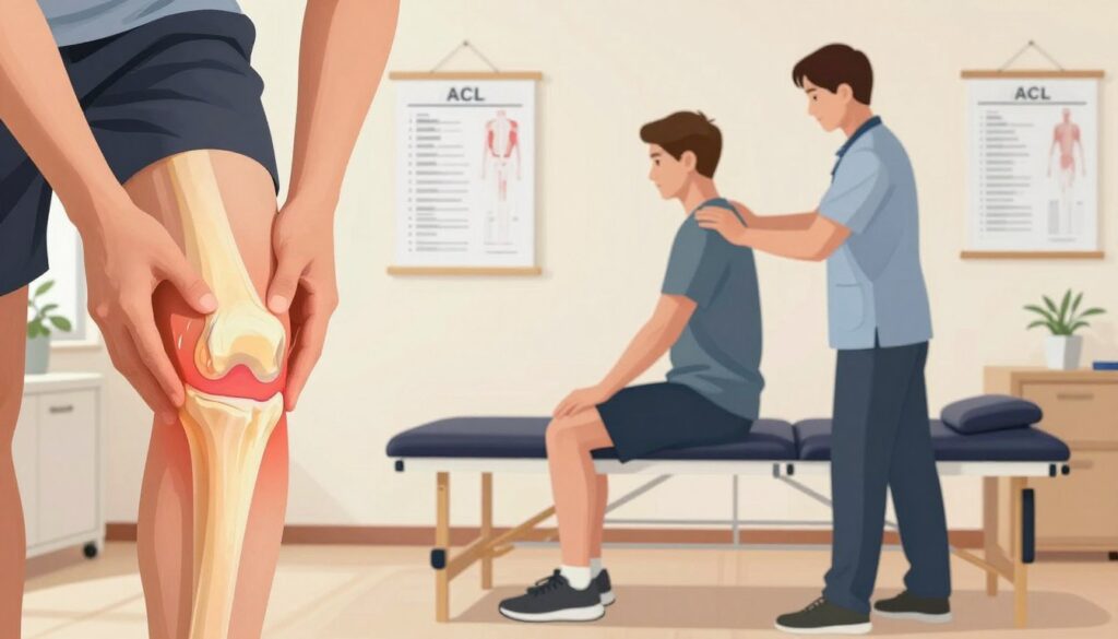 A detailed illustration depicting the typical progression of pain after ACL reconstruction, showcasing stages of healing. In the foreground, a close-up of a knee joint with swelling and mild inflammation, highlighted by soft light. The middle ground illustrates a physical therapist guiding a patient through rehabilitation exercises in a clinical setting, both wearing professional, modest athletic attire. The background features medical charts and rehabilitation equipment, indicating a supportive environment for recovery. The overall mood is one of hope and resilience, with warm lighting to evoke a sense of encouragement and positivity in the healing journey. The composition is clear and focused to effectively represent the subject matter. A detailed illustration depicting the typical progression of pain after ACL reconstruction, showcasing stages of healing. In the foreground, a close-up of a knee joint with swelling and mild inflammation, highlighted by soft light. The middle ground illustrates a physical therapist guiding a patient through rehabilitation exercises in a clinical setting, both wearing professional, modest athletic attire. The background features medical charts and rehabilitation equipment, indicating a supportive environment for recovery. The overall mood is one of hope and resilience, with warm lighting to evoke a sense of encouragement and positivity in the healing journey. The composition is clear and focused to effectively represent the subject matter.