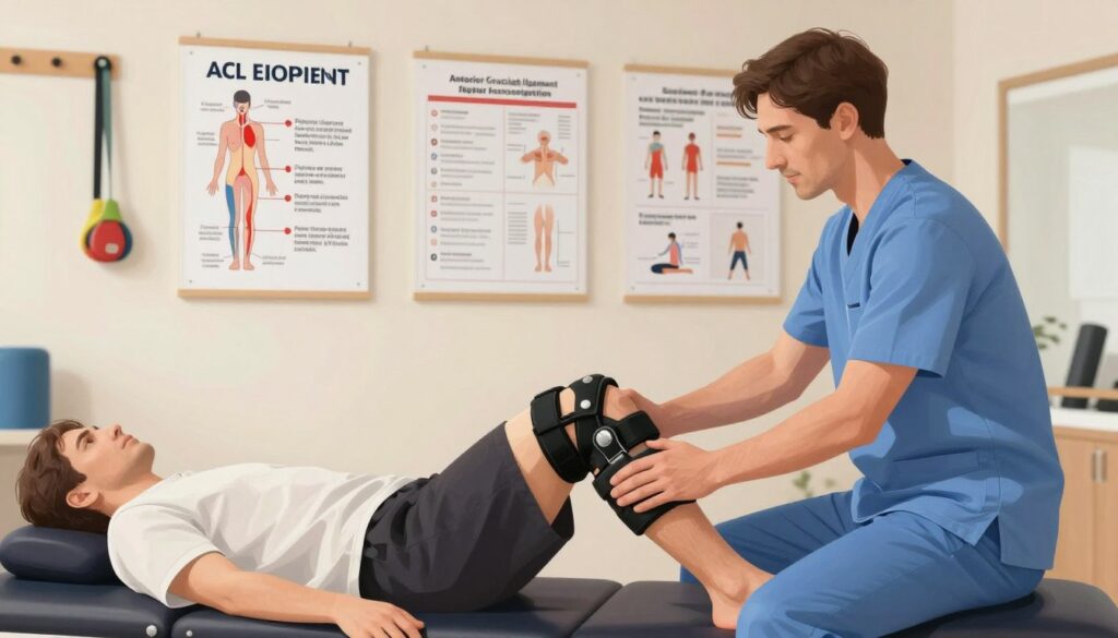 A detailed illustration depicting various factors influencing pain after anterior cruciate ligament (ACL) reconstruction surgery. In the foreground, a well-dressed physical therapist assists a patient in a modern rehabilitation clinic, showcasing a knee brace on the patient’s leg. The middle ground features medical charts and posters that highlight the healing process, pain management techniques, and rehabilitation exercises. The background subtly includes soft-focus images of therapeutic equipment, like resistance bands and exercise mats. The lighting is soft and warm, conveying a sense of hope and recovery, while the angle emphasizes the interaction between the therapist and the patient. The overall mood should be encouraging and professional, reflecting a supportive healing environment. A detailed illustration depicting various factors influencing pain after anterior cruciate ligament (ACL) reconstruction surgery. In the foreground, a well-dressed physical therapist assists a patient in a modern rehabilitation clinic, showcasing a knee brace on the patient’s leg. The middle ground features medical charts and posters that highlight the healing process, pain management techniques, and rehabilitation exercises. The background subtly includes soft-focus images of therapeutic equipment, like resistance bands and exercise mats. The lighting is soft and warm, conveying a sense of hope and recovery, while the angle emphasizes the interaction between the therapist and the patient. The overall mood should be encouraging and professional, reflecting a supportive healing environment.