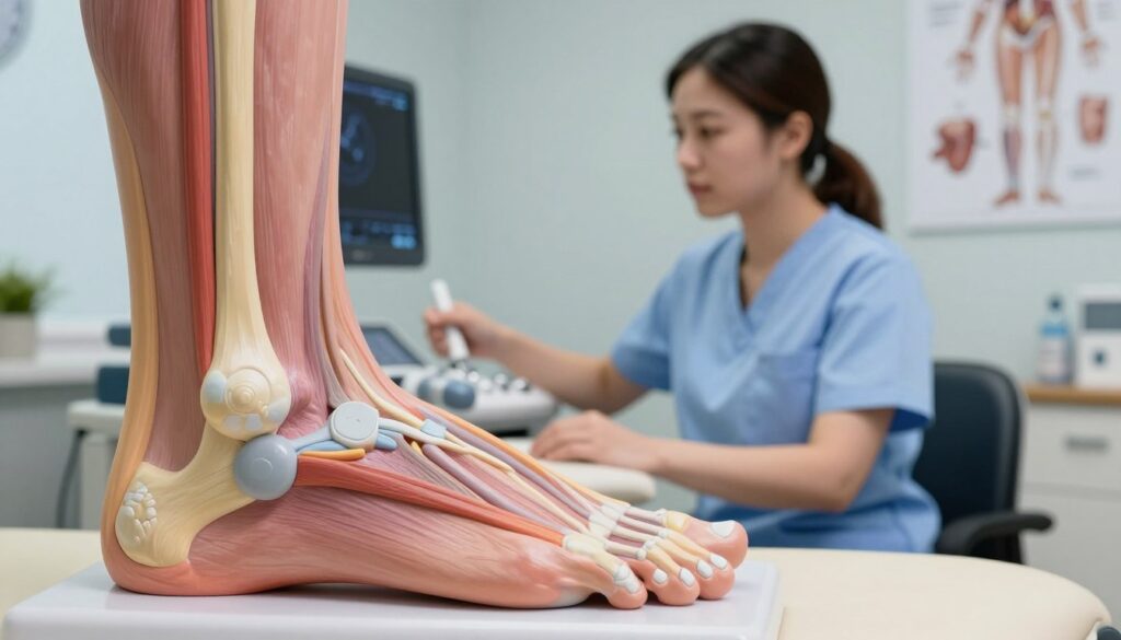 A detailed illustration focusing on the Achilles tendon in a clinical setting. In the foreground, a close-up view of a highly detailed anatomical model of the human foot and ankle highlighting the Achilles tendon. The middle layer includes a female physiotherapist in professional attire, using a diagnostic ultrasound device to assess the tendon, showing focused concentration. The background features a medical office with anatomical charts of the foot, soft, ambient lighting to create a calm atmosphere. Highlight symptoms associated with Achilles tendon injuries like inflammation and tears, utilizing neutral colors with clear contrasts to emphasize the medical tools and the human anatomy. The mood is clinical and informative, suitable for a healthcare article.
