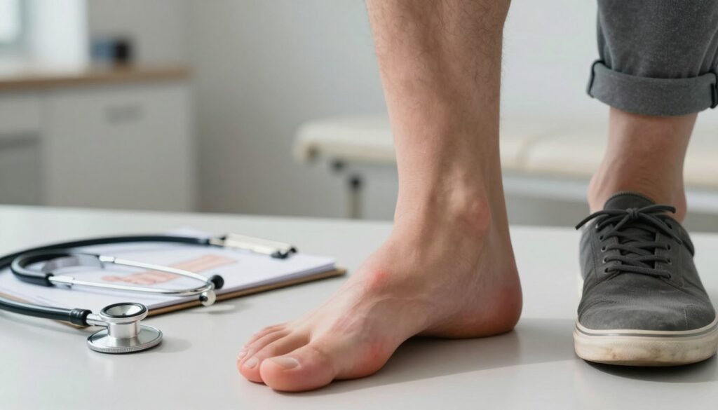A detailed illustration focusing on the causes of big toe pain in a diabetic individual. In the foreground, depict a close-up of a human foot with a highlighted sore big toe, showing swelling and signs of discomfort, styled in modest casual footwear. In the middle ground, include subtle medical elements like a stethoscope and a notepad with diagrams of foot anatomy. The background should feature a softly lit clinic setting with neutral colors, enhancing a calm atmosphere. Use natural lighting to create soft shadows, and apply a slight depth of field to keep the focus on the big toe while softly blurring the clinic details. The overall mood should convey concern and awareness, suitable for an informative healthcare article.