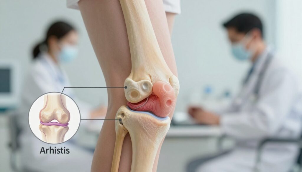 A detailed illustration focusing on the causes of fluid accumulation in the knee joint. In the foreground, a close-up view of a human knee joint, clearly showing the anatomical structures such as cartilage, ligaments, and tissues affected by swelling. The middle ground should highlight common medical conditions causing effusion, such as arthritis and injury, depicted through subtle visual indicators. In the background, a softly blurred medical setting, conveying a clinical atmosphere with neutral colors and soft lighting. The image should capture a sense of professionalism and clarity, portraying the complexity of knee joint health. Use a macro lens effect to bring out textures and details in the knee structure, ensuring all elements work in harmony to educate viewers about this medical issue.