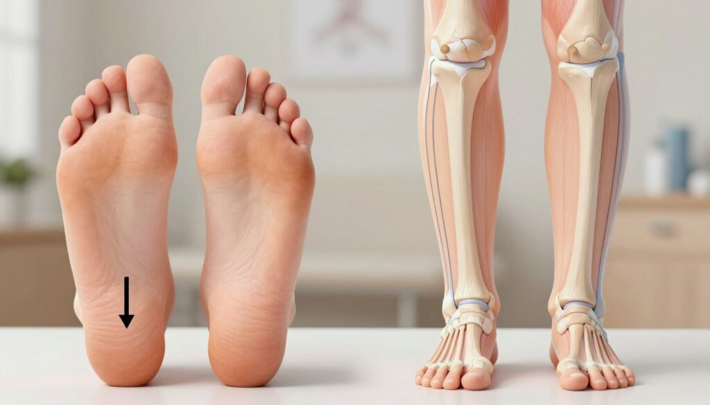 A detailed illustration of flatfoot and hallux valgus symptoms, focusing on their impact on the entire body. In the foreground, a pair of medical illustrations showing feet with the visible deformities of flatfoot and bunions, including arrows pointing to critical areas. The midground features an anatomical diagram of the human body, highlighting how these foot conditions affect posture and alignment, with lines indicating tension in the legs and back. The background shows a neutral toned clinical setting, soft lighting to evoke a professional atmosphere. The overall mood is educational and informative, inviting viewers to understand the broader implications of these conditions. The image should be clear and realistic without any captions or text.