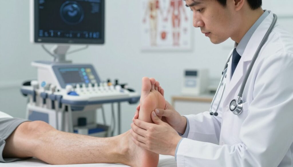 A detailed medical examination scene focused on the diagnostic process of the Achilles tendon in a clinical setting. In the foreground, a healthcare professional dressed in a white lab coat, with a stethoscope around their neck, is carefully examining a patient’s heel, highlighting a prominent, large lump on the Achilles tendon. The middle ground shows medical equipment like ultrasound machines and anatomical charts related to tendons. In the background, soft, diffused lighting enhances the sterile environment, with subtle shadows to create depth. The atmosphere is serious and focused, reflecting a professional medical setting where diagnostics are being conducted, emphasizing careful observation and analysis of a critical injury. A detailed medical examination scene focused on the diagnostic process of the Achilles tendon in a clinical setting. In the foreground, a healthcare professional dressed in a white lab coat, with a stethoscope around their neck, is carefully examining a patient’s heel, highlighting a prominent, large lump on the Achilles tendon. The middle ground shows medical equipment like ultrasound machines and anatomical charts related to tendons. In the background, soft, diffused lighting enhances the sterile environment, with subtle shadows to create depth. The atmosphere is serious and focused, reflecting a professional medical setting where diagnostics are being conducted, emphasizing careful observation and analysis of a critical injury.