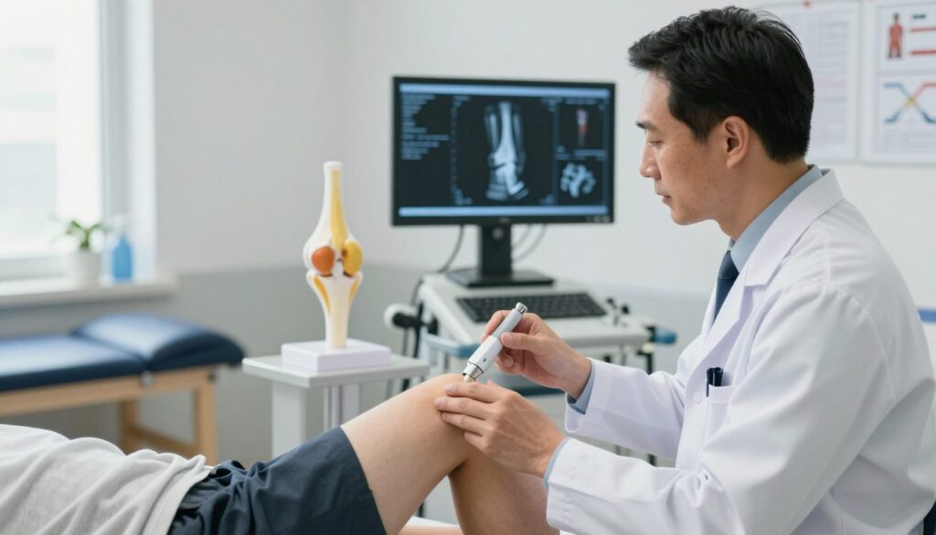 A detailed medical setting focused on the diagnosis of knee varus deformity. In the foreground, a professional orthopedic doctor, dressed in a white coat, examines a patient's knee using a diagnostic tool. The middle ground features an anatomical model of a knee joint and diagnostic imaging results displayed on a screen, emphasizing the advanced technology used in the assessment. The background is a well-lit clinic with medical charts and exercise equipment for rehabilitation, creating an atmosphere of professionalism and care. Soft, natural light filters through a window, enhancing the clinical yet welcoming environment. The angle is slightly elevated, capturing both the doctor’s focused expression and the patient's attentive stance, illustrating the importance of consultation and diagnosis in orthopedic care.