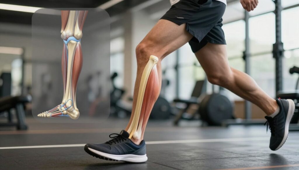 A dynamic illustration showcasing the functions of the Achilles tendon during human movement. In the foreground, a well-proportioned athlete in professional athletic wear, mid-stride, highlighting the tendon in the back of the leg. The middle ground features a detailed anatomical overlay, including a semi-transparent diagram of the Achilles tendon and its connections to the calf muscles and heel bone. The background is a blurred gym setting to imply energy and action. Use soft, natural lighting to create a realistic atmosphere, with a focus on the tendon. Capture a slight upward angle to emphasize movement and strength, evoking a sense of athleticism and biological function. The overall mood should convey vitality and anatomical clarity, free from distractions.