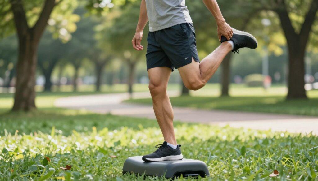 A fit individual performing calf exercises after a run, positioned in a serene outdoor setting. In the foreground, the person is depicted in modest athletic wear, standing on one leg, using a balance beam to assist in calf stretches. Their muscles are well-defined, showcasing the effort involved in post-run recovery. In the middle ground, a lush green park is visible with soft, dappled sunlight filtering through the trees, creating a calming atmosphere. In the background, a running trail winds through the landscape, hinting at the recent exercise. The image is bright and inviting, capturing the essence of flexibility and relaxation. Use a dynamic angle to emphasize movement and energy while keeping the focus on the individual’s technique and form. A fit individual performing calf exercises after a run, positioned in a serene outdoor setting. In the foreground, the person is depicted in modest athletic wear, standing on one leg, using a balance beam to assist in calf stretches. Their muscles are well-defined, showcasing the effort involved in post-run recovery. In the middle ground, a lush green park is visible with soft, dappled sunlight filtering through the trees, creating a calming atmosphere. In the background, a running trail winds through the landscape, hinting at the recent exercise. The image is bright and inviting, capturing the essence of flexibility and relaxation. Use a dynamic angle to emphasize movement and energy while keeping the focus on the individual’s technique and form.