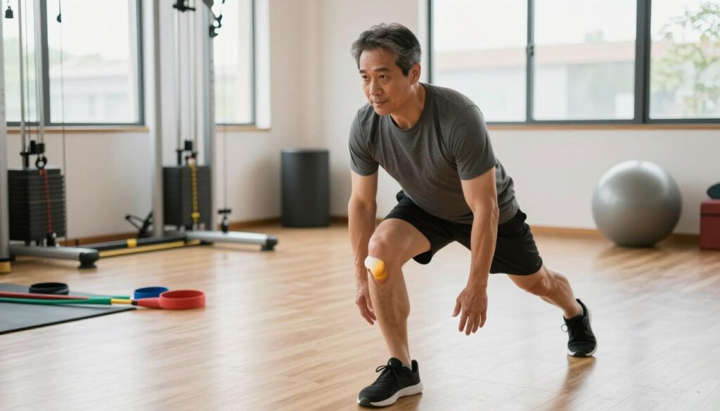 A fitness enthusiast demonstrating knee-friendly exercises in a bright, airy gym environment. In the foreground, a middle-aged man wearing modest athletic wear performs a low-impact workout, showcasing proper form and focused concentration. His expression reflects determination and commitment to knee health. In the middle ground, a variety of exercise equipment, including resistance bands and stability balls, hints at a well-equipped space for rehabilitation and fitness activities. The background features large windows allowing natural light to illuminate the scene, enhancing a sense of positivity and energy. The atmosphere conveys encouragement and motivation, emphasizing the importance of physical activity for knee joint support and cartilage function. Use a slightly elevated angle to capture the action clearly, with warm lighting to create an inviting ambiance.