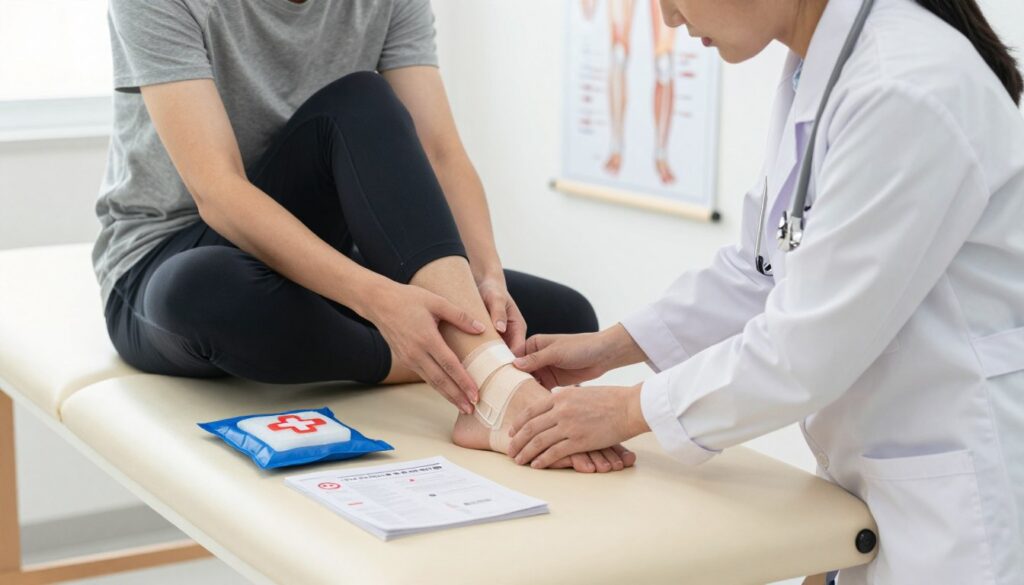 A focused and informative scene depicting first aid for an Achilles tendon strain. In the foreground, a medical professional dressed in a white lab coat is demonstrating proper techniques to a patient seated on a treatment table. The patient is wearing modest athletic clothing and examining their ankle. In the middle ground, essential first-aid tools like ice packs, a compression bandage, and an instruction manual are neatly arranged. The background features a well-lit medical clinic with anatomical posters of the leg and Achilles tendon on the walls. The atmosphere is calm and professional, emphasizing care and support. The lighting is bright and even, resembling daylight from ceiling lights, creating a reassuring environment. A focused and informative scene depicting first aid for an Achilles tendon strain. In the foreground, a medical professional dressed in a white lab coat is demonstrating proper techniques to a patient seated on a treatment table. The patient is wearing modest athletic clothing and examining their ankle. In the middle ground, essential first-aid tools like ice packs, a compression bandage, and an instruction manual are neatly arranged. The background features a well-lit medical clinic with anatomical posters of the leg and Achilles tendon on the walls. The atmosphere is calm and professional, emphasizing care and support. The lighting is bright and even, resembling daylight from ceiling lights, creating a reassuring environment.