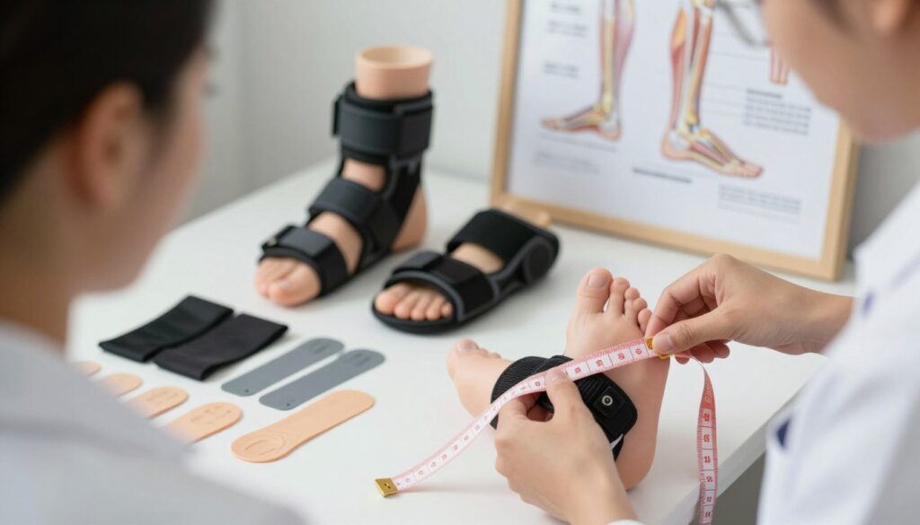 A focused, close-up image depicting the process of sizing an Achilles tendon brace. In the foreground, a professional, modestly dressed healthcare practitioner examines a variety of orthotic sizes laid out on a clean workspace. The practitioner is carefully measuring a model ankle with a flexible measuring tape. In the middle ground, different brace models of various sizes and materials are displayed, showcasing their unique features. The background includes medical charts and anatomical illustrations of the foot and Achilles tendon, framed softly to maintain focus on the sizing process. Soft, natural lighting illuminates the scene, creating a calm and professional atmosphere. The angle should give an impression of being in a clinical setting, highlighting the importance of proper sizing for effective treatment. A focused, close-up image depicting the process of sizing an Achilles tendon brace. In the foreground, a professional, modestly dressed healthcare practitioner examines a variety of orthotic sizes laid out on a clean workspace. The practitioner is carefully measuring a model ankle with a flexible measuring tape. In the middle ground, different brace models of various sizes and materials are displayed, showcasing their unique features. The background includes medical charts and anatomical illustrations of the foot and Achilles tendon, framed softly to maintain focus on the sizing process. Soft, natural lighting illuminates the scene, creating a calm and professional atmosphere. The angle should give an impression of being in a clinical setting, highlighting the importance of proper sizing for effective treatment.