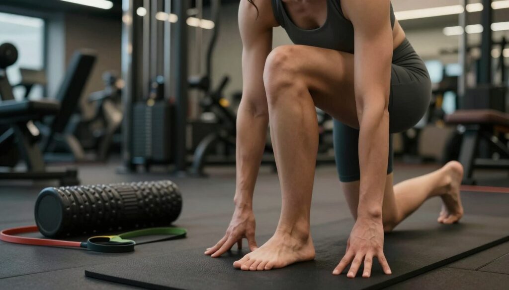 A focused fitness scene depicting a person preparing their calf muscles for stretching, showcasing proper warm-up techniques. The foreground features a well-defined individual in comfortable, modest athletic wear, performing calf raises on a gym mat, with a determined expression. In the middle ground, various stretching props like foam rollers and resistance bands are scattered, emphasizing a professional training environment. The background includes blurred gym equipment and soft, ambient lighting that creates a calming atmosphere, suggesting a focus on fitness and well-being. The image is captured with a slight upward angle, highlighting the subject's movements and engaging the viewer in their preparation routine. A focused fitness scene depicting a person preparing their calf muscles for stretching, showcasing proper warm-up techniques. The foreground features a well-defined individual in comfortable, modest athletic wear, performing calf raises on a gym mat, with a determined expression. In the middle ground, various stretching props like foam rollers and resistance bands are scattered, emphasizing a professional training environment. The background includes blurred gym equipment and soft, ambient lighting that creates a calming atmosphere, suggesting a focus on fitness and well-being. The image is captured with a slight upward angle, highlighting the subject's movements and engaging the viewer in their preparation routine.